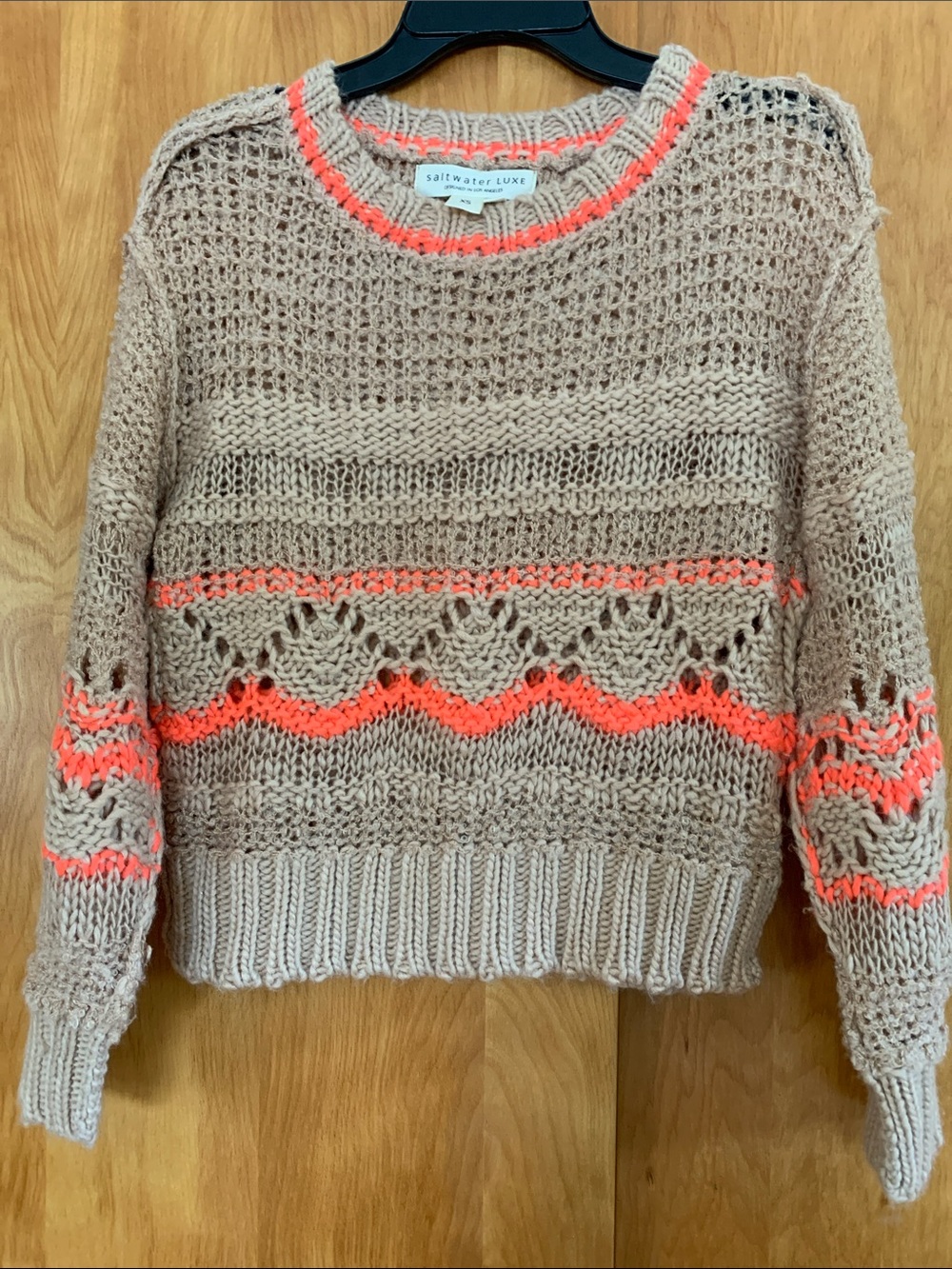 saltwater LUXE camel Open-Knit Crewneck Sweater with neon Coral Stripes sz XS